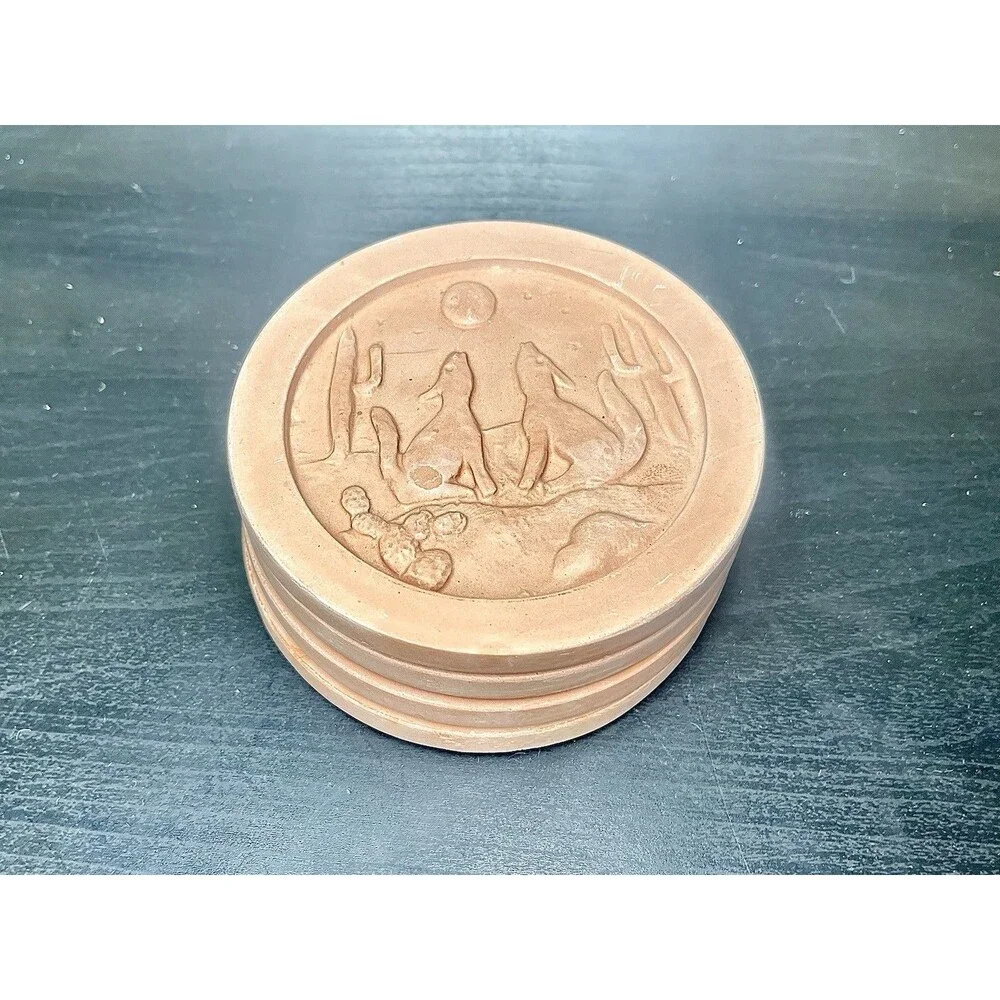 Vintage Southwest Terra Cotta Coyote Desert Scene Coasters Set of 4 Cork Back